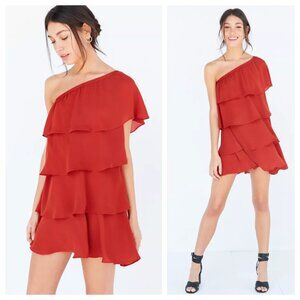 Alice & Olivia x UO Iseult Rust Tiered Ruffle Layer One Shoulder Mini Dress